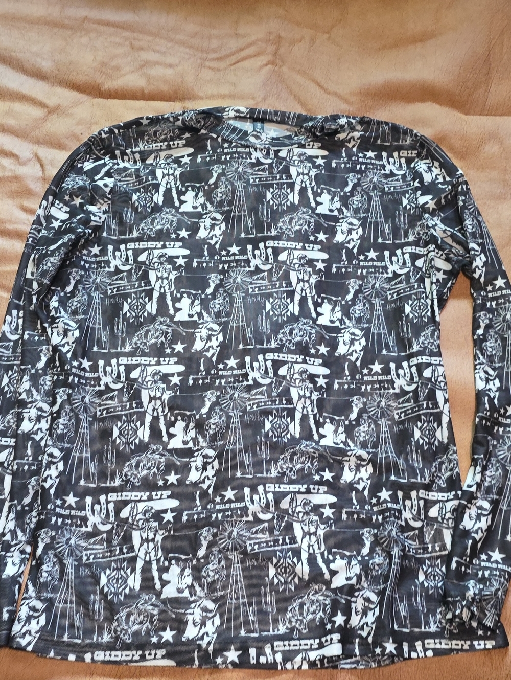 Black & White Western Mesh Graphic Long Sleeve Shirt